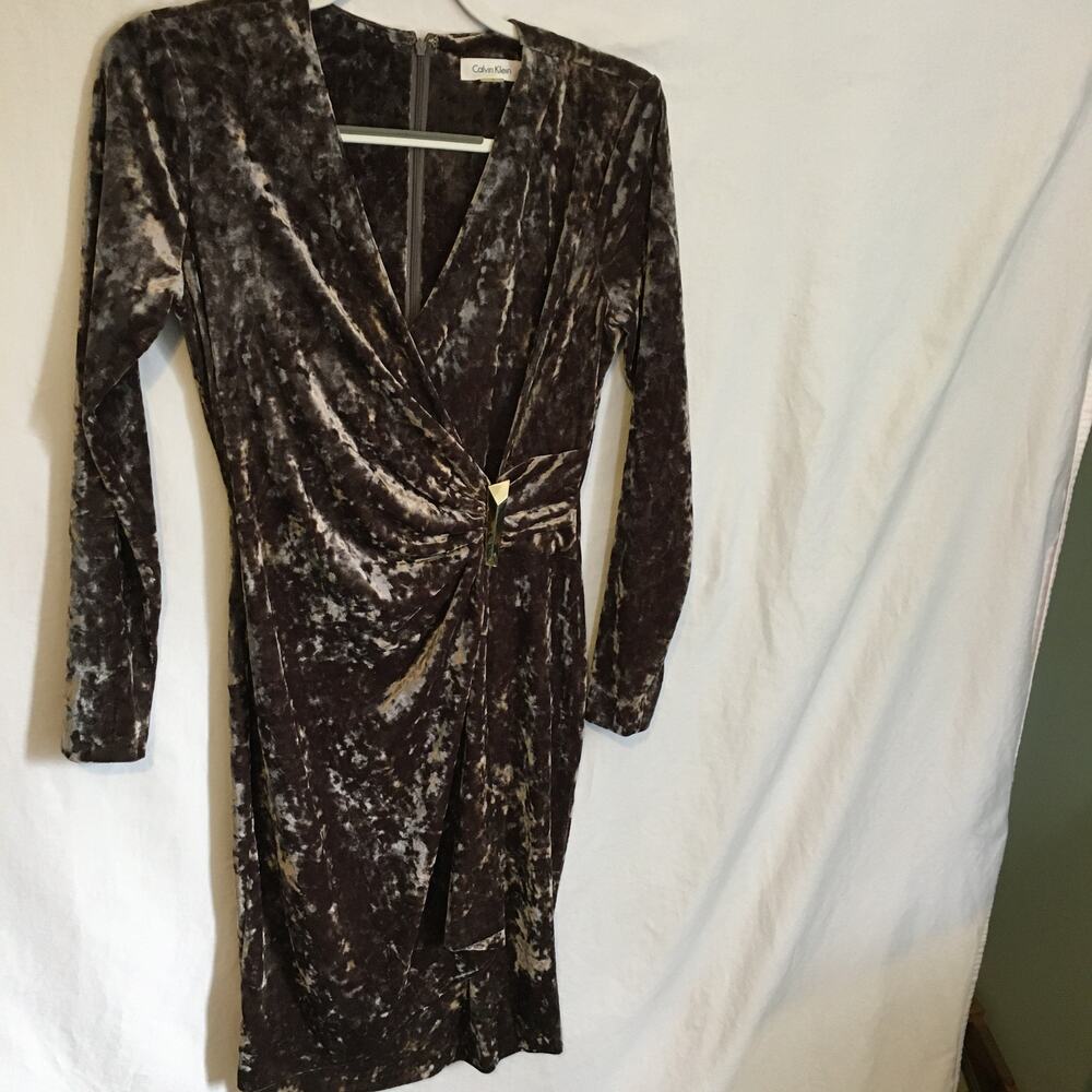 Calvin Klein 6 Bronze Crushed Velvet Faux-Wrap Ruching Side-Waist Long-Sleeved